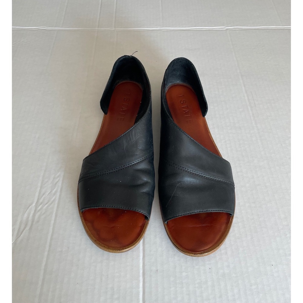 1.STATE Leather D'Orsay Flats Black Open Toe Asymmetric Minimalist Sandals-8.5M